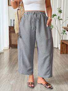 Weeklong Plus Size Women Elegant Plaid Drawstring Waist Pocket Long Pants - Multicolor - View 1