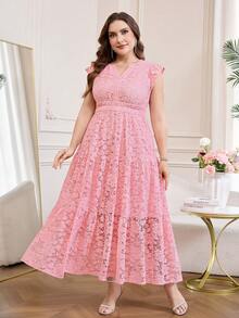 Reflora Đầm dài ren thanh lịch, lãng mạn dành cho nữ cỡ lớn, màu hồng, thích hợp cho mùa hè. - Hồng - Xem 5