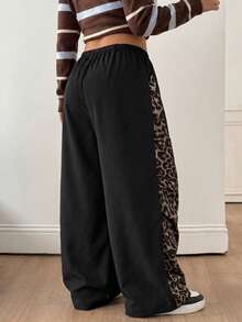 SHEIN Tall CURVE Quần nữ cỡ lớn họa tiết da báo, cạp chun có dây rút và túi, kiểu dáng thường ngày. - màu đen - Xem 10