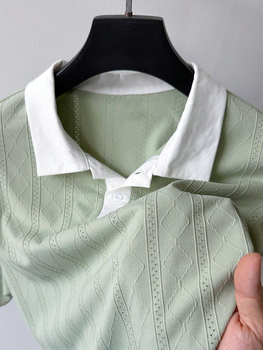 Manfinity Homme Men's Polo Shirt,Grey,Autumn,Smart Casual,Golf,Contrast Color Casual Knit,Old Money Diamond Pattern Textured Short Sleeve Top,Retro Fashionable Style - Green - View 1
