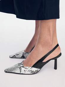 Mnmlis Spring And Summer Snake Pattern Design Pointed Toe Personalized Wind Slingback High Heels Shoes Workplace Commuting - Black and White - View 8