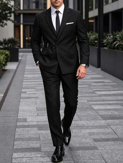 Manfinity Mode 2pcs/Set Men's Solid Color Double-Breasted Jacket & Trousers Suit,Gifts For Boyfriend,White Men Suits