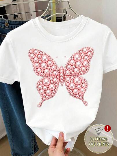 Camiseta básica blanca de manga corta con estampado de flores, mariposas y perlas, de estilo minimalista y fresco, para mujer y niña. Prenda cómoda para uso diario, adecuada para primavera, verano y otoño