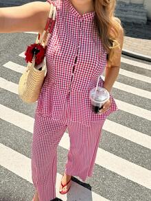 Easura Conjunto informal de 2 piezas de blusa y pantalón de talla grande con estampado de cuadros - Rosa - Ver 7