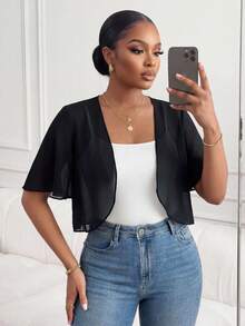 SHEIN Lady CURVE Chaqueta de gasa negra de manga corta, informal, holgada y transpirable para uso diario, con protección solar, para mujeres de talla grande, para primavera y verano - Negro - Ver 1