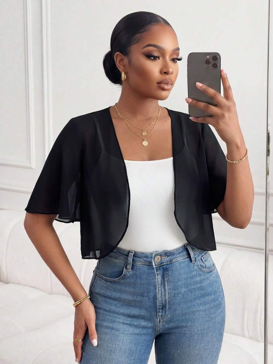 SHEIN Lady CURVE Chaqueta de gasa negra de manga corta, informal, holgada y transpirable para uso diario, con protección solar, para mujeres de talla grande, para primavera y verano - Negro - Ver 1