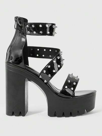 Sugerpunk Women's Fashionable And Sexy Open-Toe High-Heeled Sandals With A Punk-Style Gothic Street Style, Featuring A Cross-Over Design With Studs, A Back Zipper, An Ankle Strap, A Thick Waterproof Platform, And A Chunky Heel. Perfect For Spring/Summer Nightclub Parties And Holidays.