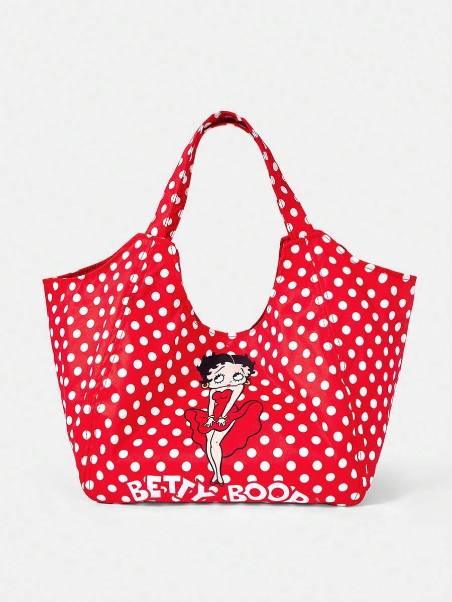 Betty Boop x SHEIN 1個大容量印花圖案單肩手提包,適用於露營、海灘、旅行、購物、學校、工作及其他場合 - 紅底白點 - 查看 1