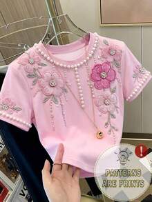 Franclia 女士时尚百搭印花修身短袖T恤，优雅女装，全幅花卉珍珠印花T恤，刺绣花卉T恤，仿珍珠T恤 - 淺粉色 - 查看 4