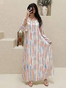Yasmyna Đầm maxi dài tay cổ tròn dáng rộng in họa tiết cọ vẽ kiểu Ả Rập dành cho nữ. - Màu vàng - Xem 5
