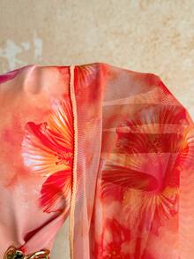 Soleia Orange Digital Print Bikini Set, Includes Bikini Top And Sheer Sarong Skirt, Sexy - Multicolor - View 9