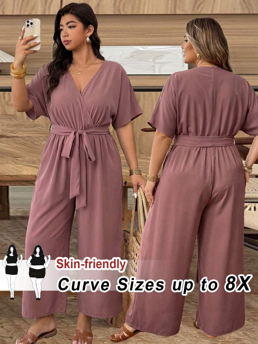SHEIN CURVE+ Women V-Neck Full Printed Jumpsuit,Casual - Redwood - View 1