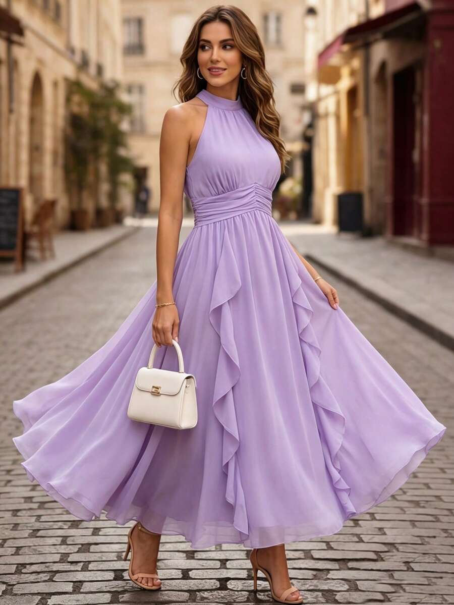 EMERY ROSE Women's Chiffon Halter Cinching Waist Sleeveless Dress - Lilac Purple - View 1