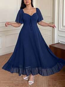 Vibekara Plus Size Casual V-Neck Ruffle Sleeve A-Line Dress, Elegant And Comfortable For Outings - Navy Blue - View 6