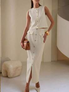 Heiryn New Arrival Elegant Sexy High-End Tweed Sleeveless Top And Skirt 2 Pieces Set Golf Pastal Summer - Apricot - View 2