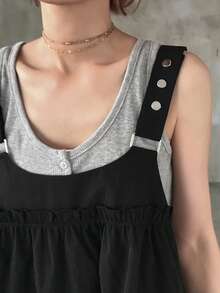 FRIFUL Áo tank top nữ dáng rộng, màu trơn, kiểu dáng tối giản, viền bèo nhún, dây bản rộng, thích hợp mặc hàng ngày đi làm, mùa hè. - màu đen - Xem 7