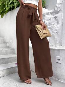 Serisse Paperbag Waist Belted Straight Bow Tie Wide Leg Pants - Brown - View 13