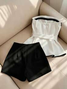 Franclia Women's Contrast Color Fashion Bandeau Top And Shorts 2 Pieces Set - Black and White - View 2