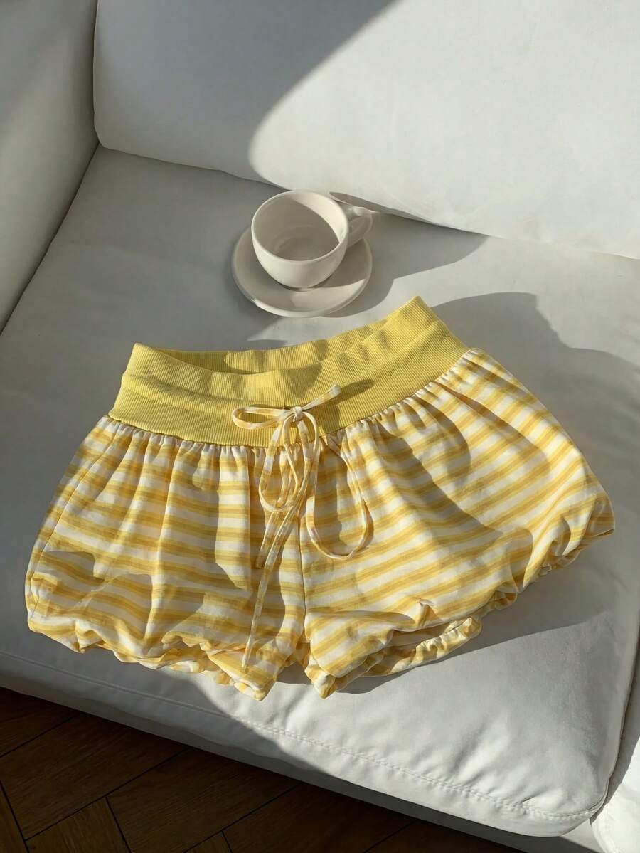 Comfortcana Women's Striped Fashionable Versatile Drawstring Waist Contrast Color Floral Shorts - Yellow - View 1