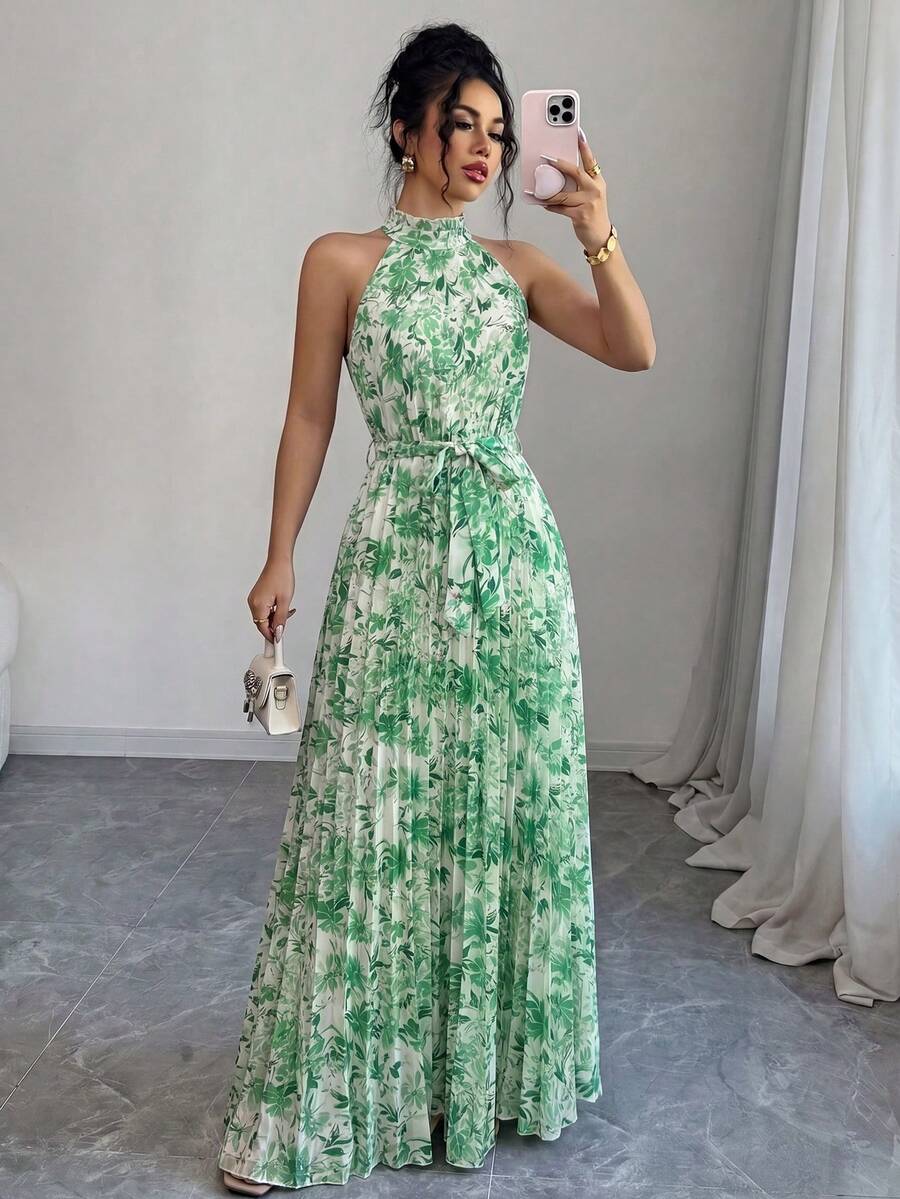 SHEIN Elenzya Ditsy Floral Ruffle Collar Pleated Waist A-Line Elegant Romantic Dress For Women, Suitable For Vacation - Multicolor - View 1