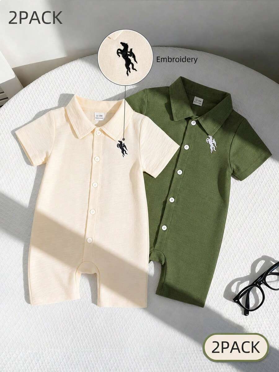 SHEIN Playful Pals 2件組男嬰純色紋理POLO領刺繡動物上衣與短褲套裝 橄欖綠 夏季休閒 親子穿搭 百搭款 - 彩色 - 查看 1