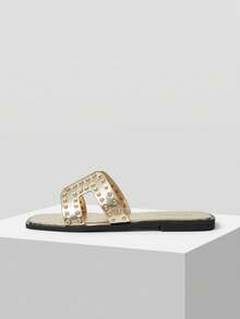 MOTF WOMEN'S SUMMER FASHION STREET CASUAL COMMUTE RIVET DECOR OPEN TOE FLAT SANDALS SPRING SHOES SUMMER SHOES - Light gold - View 6