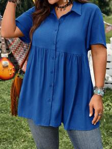 EMERY ROSE Short Sleeve Blue Button-Up Shirt, Casual Vacation Shirt With Longer Back, Plus Size, Suitable For Spring & Summer  Summer Spring Clothing Country Sty - Royal Blue - View 5
