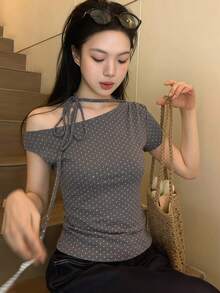 DAZY Women's Polka Dot Tie Shoulder Short Sleeve T-Shirt, Korean Style, Spring/Summer - Grey - View 1