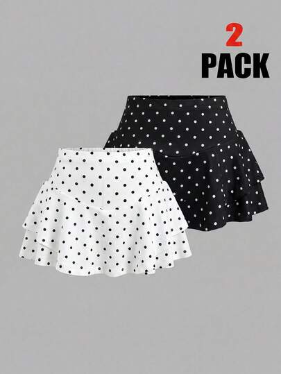 Comfortcana 2pcs Women's Sweet Polka Dot Print Layered Ruffle Hem Skirt Set