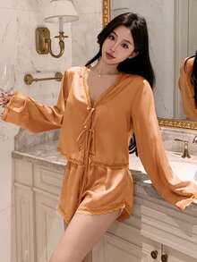 DAZY Romantic Lace Patchwork Satin Tie-Up Top & Super Short Pajama Pants Women Sleepwear Set - Orange - View 4