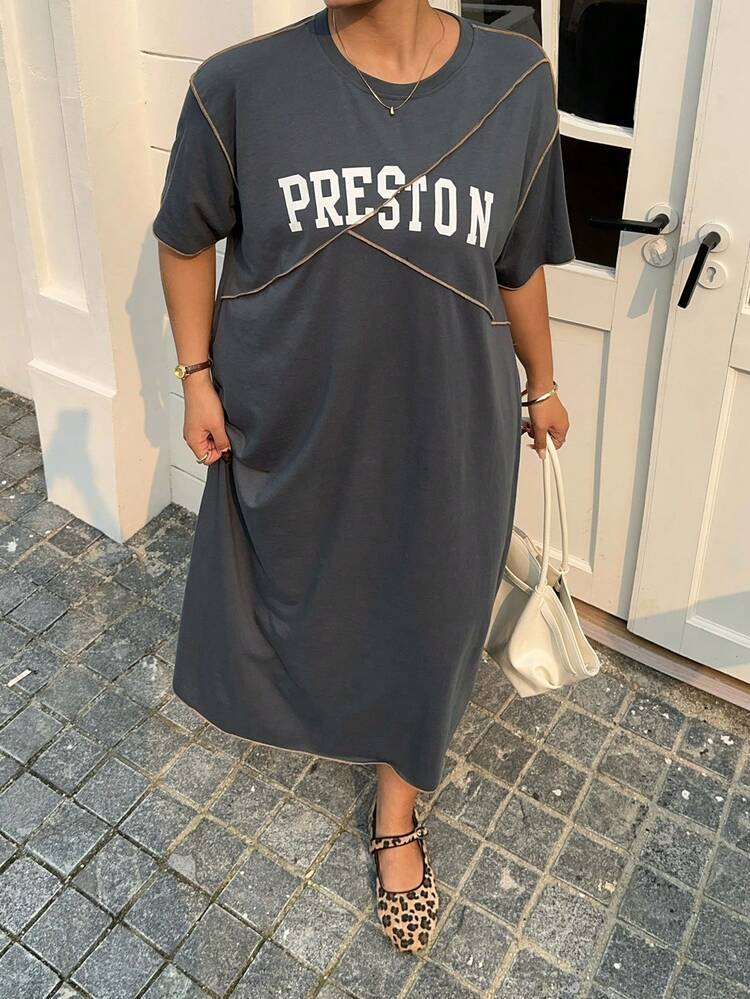 Dazy Plus Plus Size Women's Casual Gray Dress With Letter Print, Split Line & Decorative Stitching, Summer Sun Dresses For Women