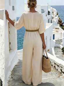 Selamara Women's Short Sleeve Round Neck Drop Shoulder Wide Leg Jumpsuit Vacation Beige Autumn Casual - Apricot - View 2