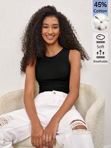 SHEIN BASICS 女款時尚百搭素色圓領細肩帶背心上衣，黑色女上衣 - 黑色 - 查看 5