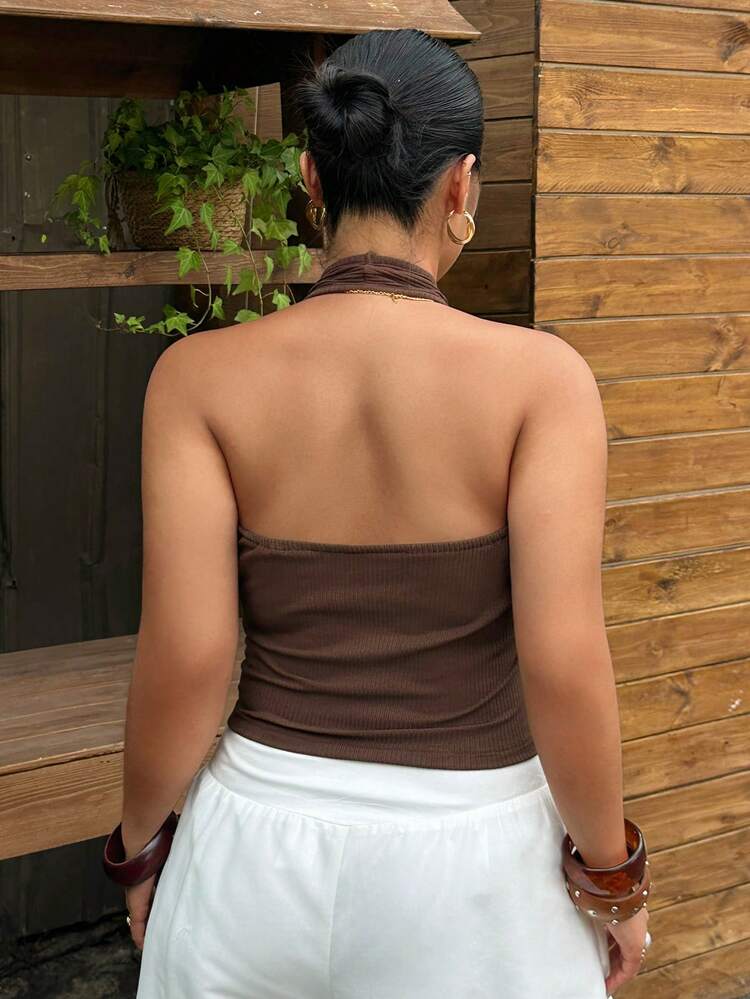 Dazy Plus Plus Size Summer Fashion Button Decor Backless Halter Top