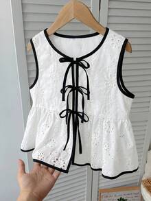 SHEIN Áo kiểu dáng thường ngày, thoải mái, có họa tiết, thắt nơ phía trước, thích hợp cho bé gái tuổi teen, đi nghỉ mát. - trắng - Xem 1
