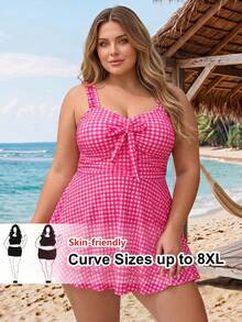 SHEIN CURVE+ Plus Size Women 2 Pieces Swimsuit, Printed Swimwear For Summer Holiday - Pink - View 1