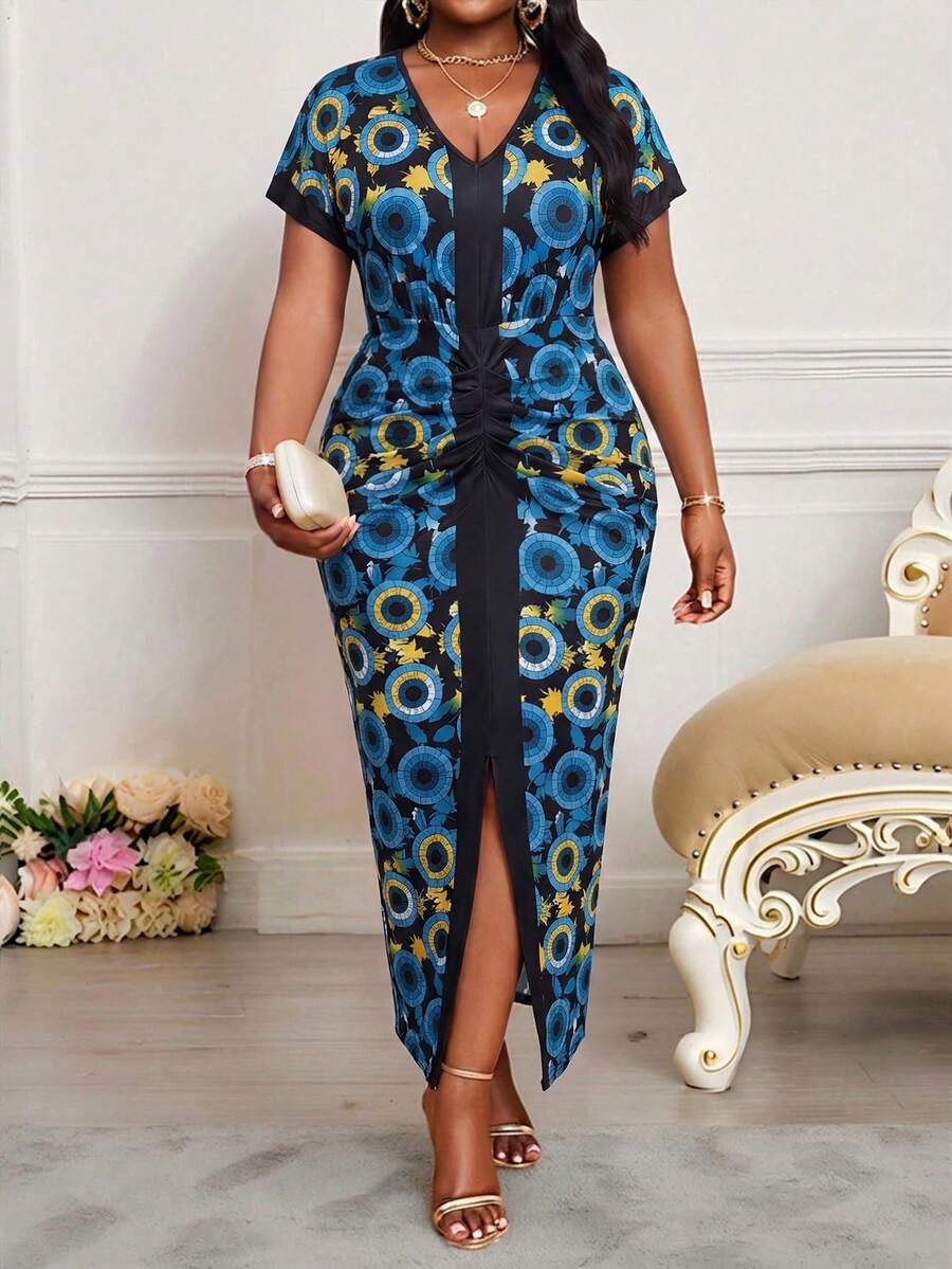 SHEIN Lady CURVE Đầm ôm dáng xẻ tà, họa tiết in toàn thân, cỡ lớn, thanh lịch, thích hợp cho mùa hè. - Nhiều màu - Xem 1
