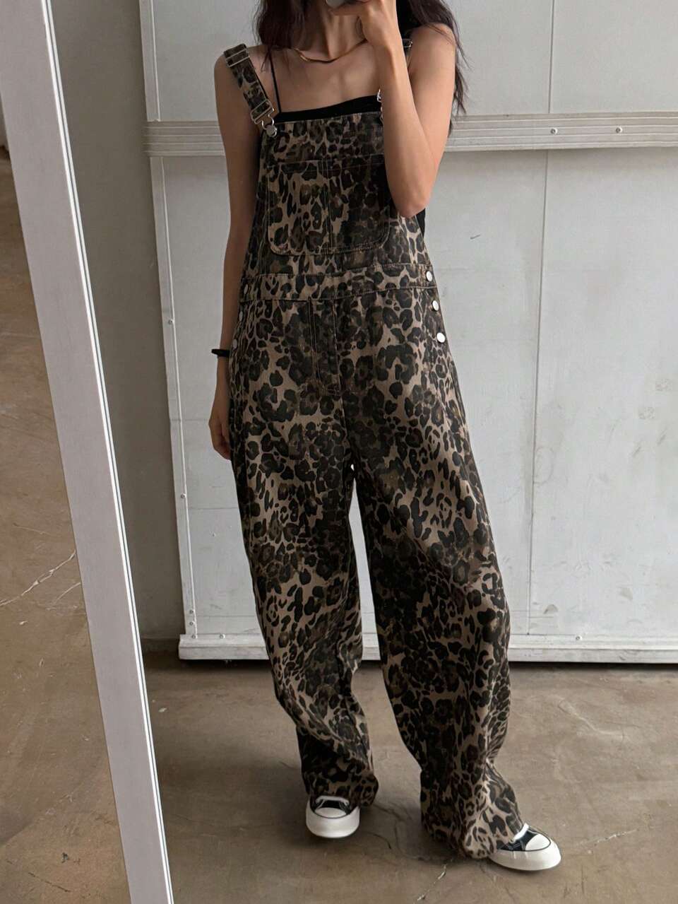 Women's Leopard Print Pocket Wide Leg Denim Jumpsuit Petite