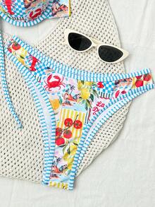 Swim Mod 2pcs/Set Lemon Shrimp & Ocean Print Spaghetti Strap Padded Back Closure Contrast Trim Casual Vacation Bikini Swimwear For Women - Multicolor - View 7