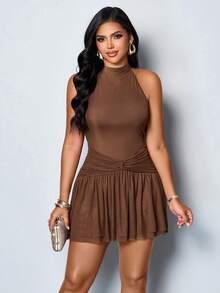 SOLERSUN Women's Summer Brown Mesh Patchwork Sexy Elegant Ruffled Hem Twist Bodycon Mini Dress Party Cocktail - Brown - View 4
