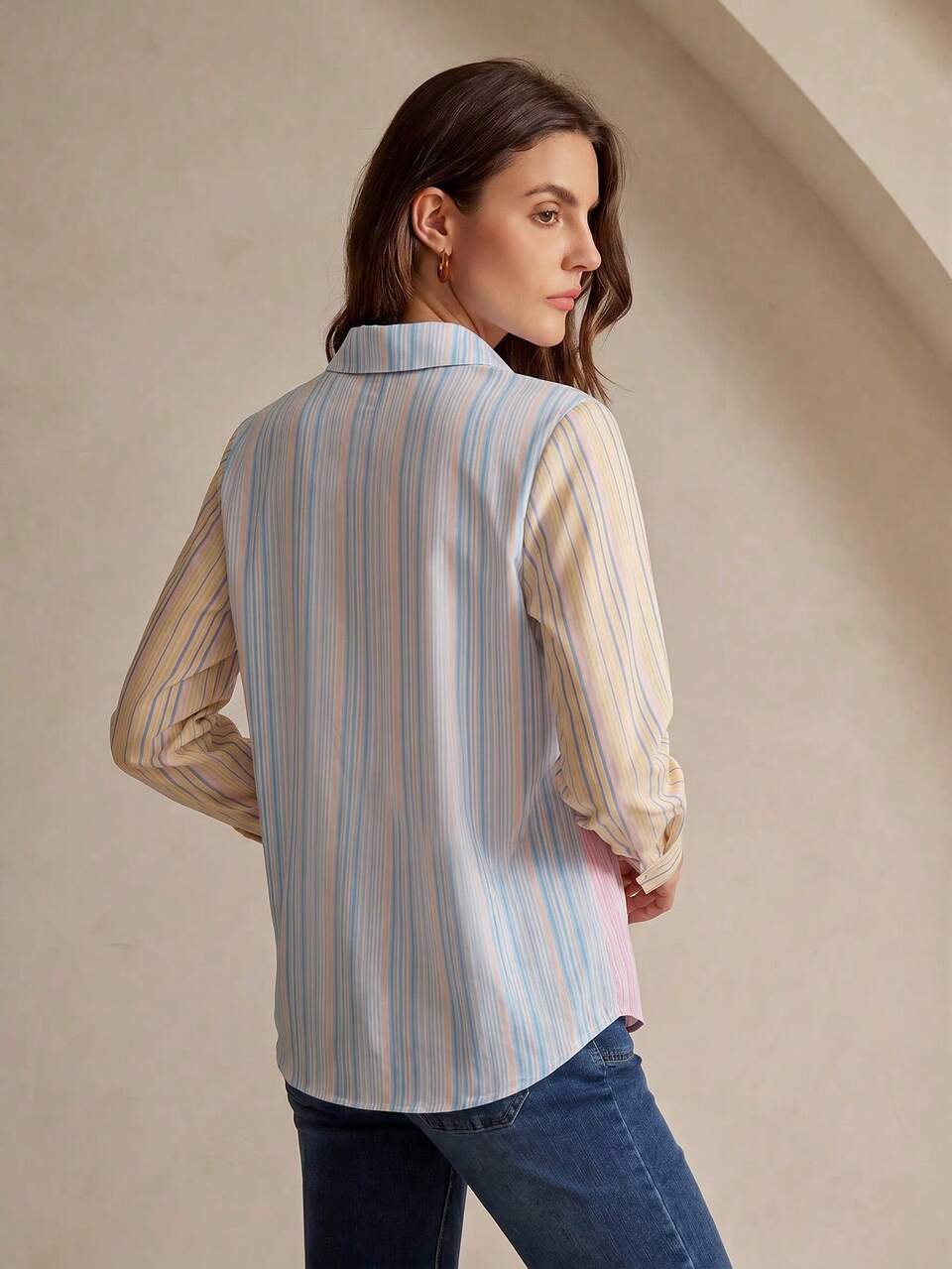 Anewsta Blue Striped Gradient Striped Shirt Collared Single-Breasted Design With Contrast Color Sleeve Professional Smart Casual Commuter Office Blouse