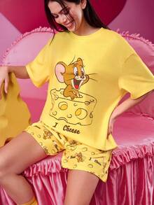 TOM & JERRY X SHEIN Bộ đồ ngủ tay ngắn in họa tiết hoạt hình Jerry phô mai vàng dành cho nữ Bộ đồ ngủ nữ Bộ đồ ngủ Giáng sinh Áo thun vui nhộn ngày lễ tình nhân Bộ 2 món xuân hè dành cho nữ - Màu vàng - Xem 6