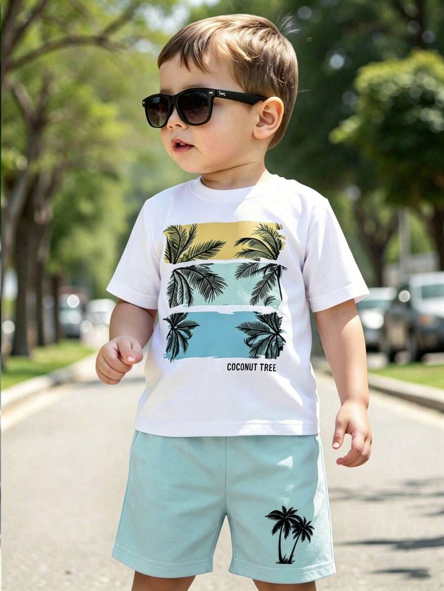 1 套幼儿男童夏季套装,椰子树印花圆领短袖 T 恤搭配浅蓝色休闲短裤,热带度假风格设计,适合海滩、日常穿着、户外玩耍等,轻松打造阳光儿童造型。 - 彩色 - 查看 1