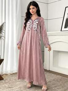 SHEIN 青少年女孩 V 領亮片蝴蝶圖案休閒派對長袖 Abaya 穆斯林保守風洋裝 - 粉色 - 查看 6