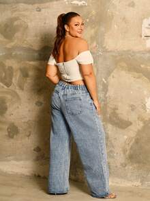 Lele Munniz Plus Size Women's Fashion Casual Asymmetrical Waistband Washed Trousers - Light Wash - View 3