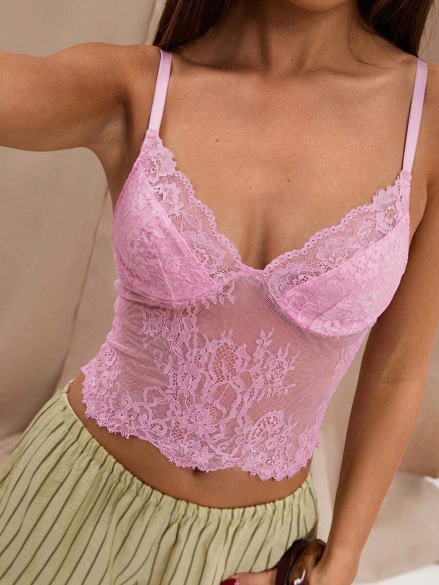 SHEIN BAE 女士优雅纯色蕾丝吊带背心,夏季必备 - 淺粉色 - 查看 1