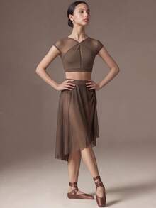 SHEIN Pakaian Remaja Perempuan: Atasan Lengan Pendek Transparan dengan Motif Jala dan Rok Mini dengan Hem Asimetris, untuk Kembali ke Sekolah - Khaki - View 3