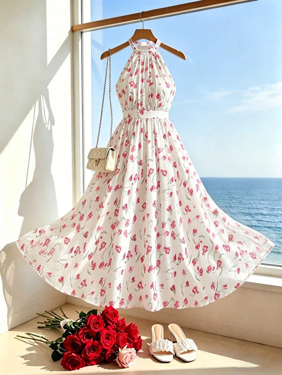 Modelyn Vestido midi con cintura ceñida, estampado floral, sin mangas y con cuello halter, estilo francés para mujer