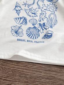 SHEIN Bộ áo thun và quần short in hình đại dương cho bé gái. - trắng - Xem 8