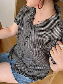 Dazy Plus 格子休闲短袖韩版大码女式衬衫，春夏款 - 灰色 - 查看 8
